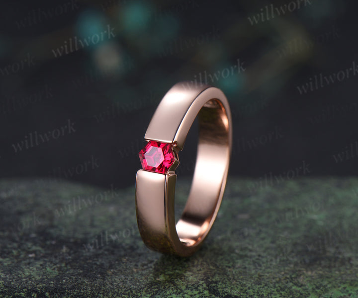 Men Ruby Rings 14K Solid Rose Gold Polish Band Male 4mm Hexagon cut red ruby Band Tension Set Ring Men Gemstone Promise Wedding Band