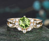 Hexagon Cut August Birthstone Natural Peridot Engagement Ring Set Unique Moissanite Snowdrift Cluster Ring 14k Yellow Gold 2pcs Bridal Ring Set