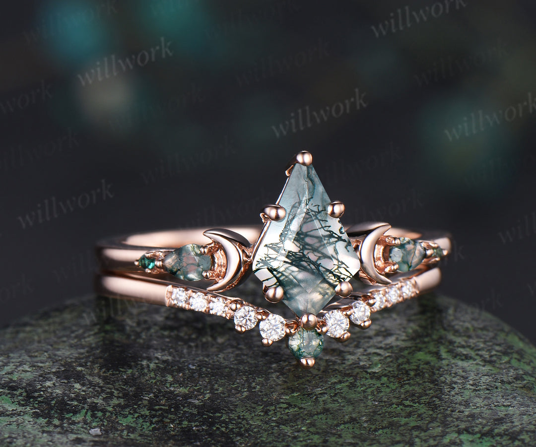 Unique kite cut moss agate engagement ring set women rose gold 6 prong five stone moon bridal ring set