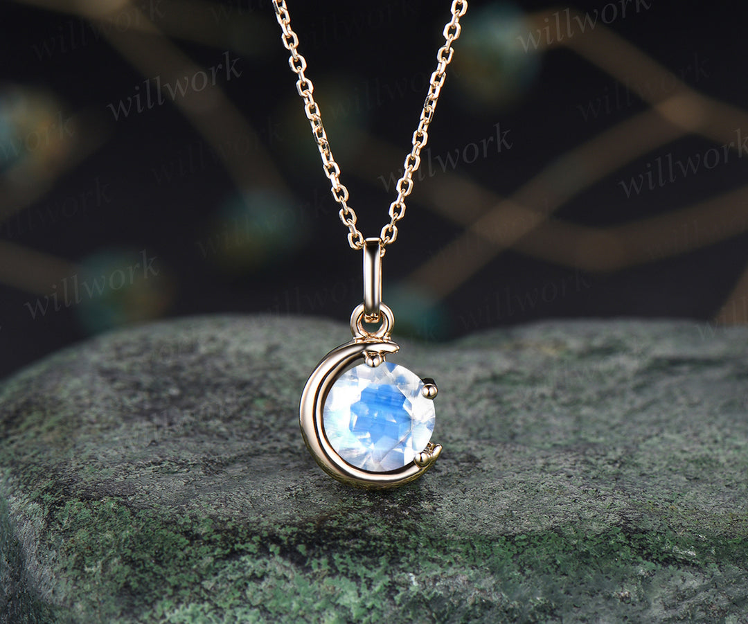 Minimalist June Birthstone Round Cut Blue Moonstone Necklace Delicate Moon Pendant 14k Yellow Gold Solitaire Necklace Birthday Gift