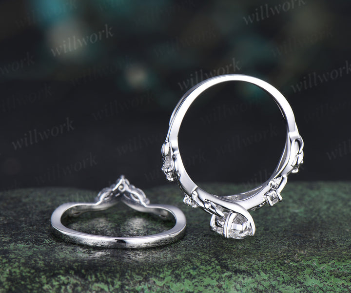 Nature inspired marquise cut lab-grown diamond engagement ring women twig leaf white gold ring branch diamond-accented bridal ring set