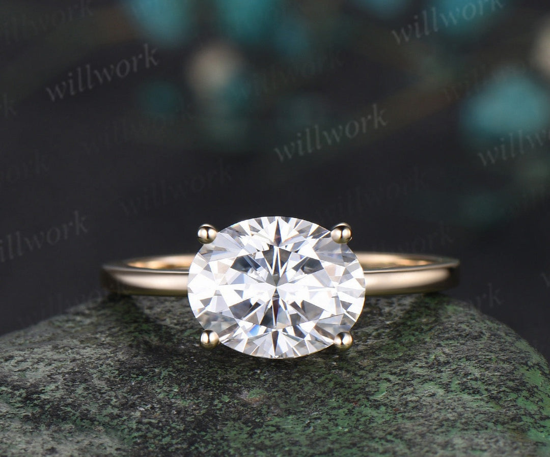 3ct oval cut moissanite engagement ring 14k yellow gold Solitaire East To West unique wedding promise ring women