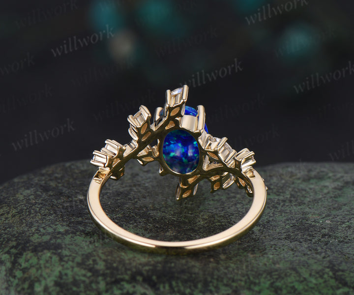 Oval blue opal engagement ring 14k yellow gold twisted cluster diamond moonstone wedding ring women jewelry