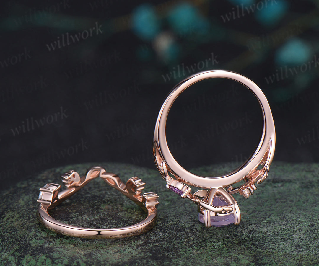 Vintage pear shaped Lavender Amethyst engagement ring rose gold nature inspired leaf moon moissanite wedding bridal ring set women