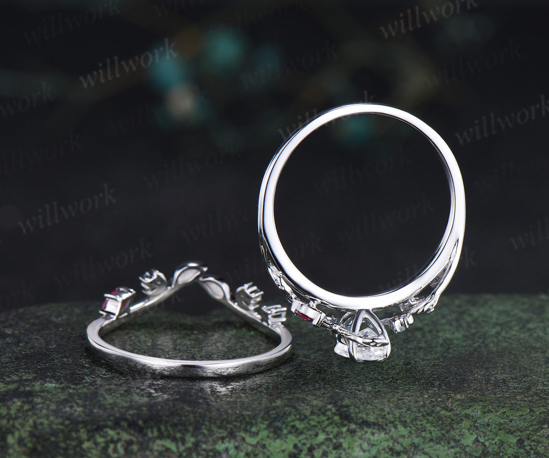 Marquise lab grown diamond ring set leaf moon twig ring ruby opal accents nature inspired bridal set