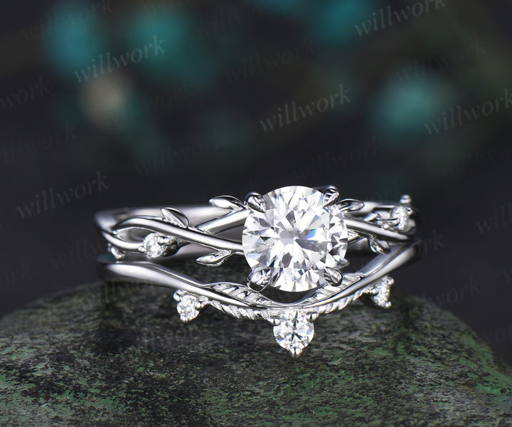 1ct round cut moissanite ring white gold infinity leaf diamond ring vintage nature inspired engagement ring women gift