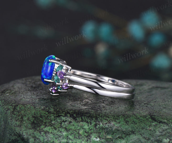 Blue Opal Wedding Ring Set Oval Opal Engagement Ring 14k White Gold Emerald Amethyst Promise Jewelry Anniversary Gift