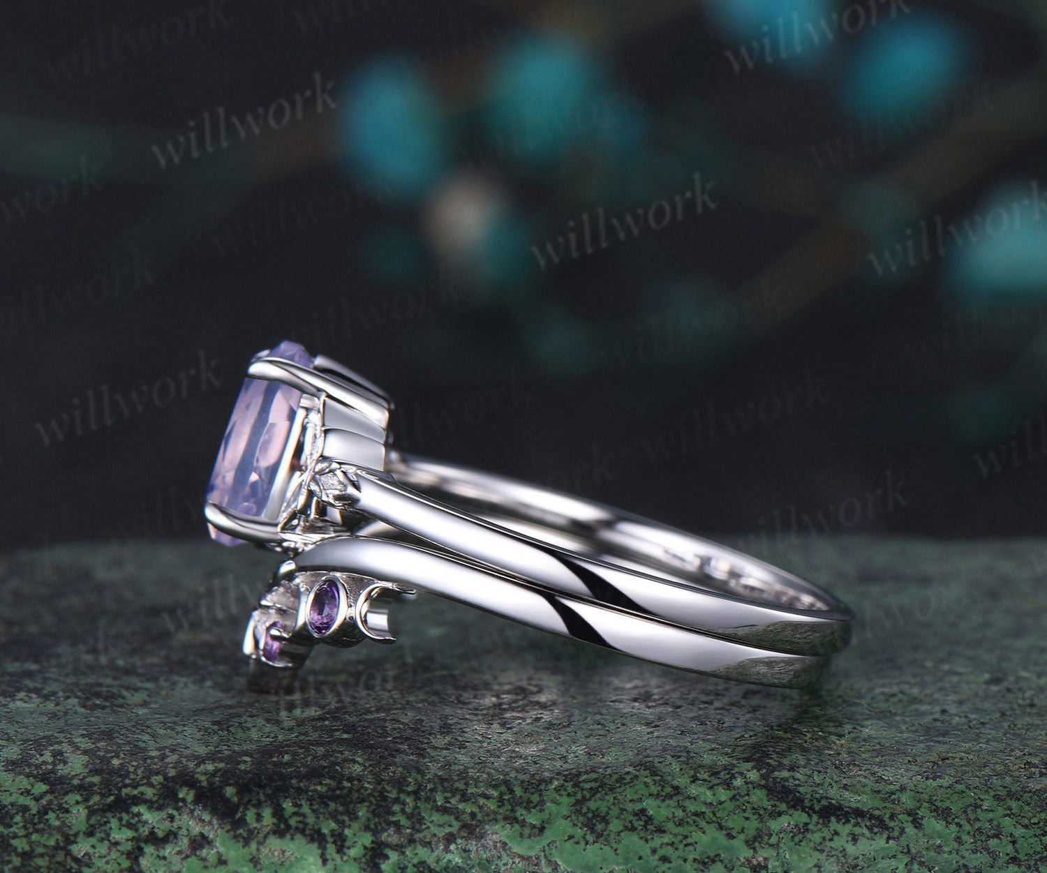 Oval cut Lavender Amethyst Engagement Ring bezel Crystal white