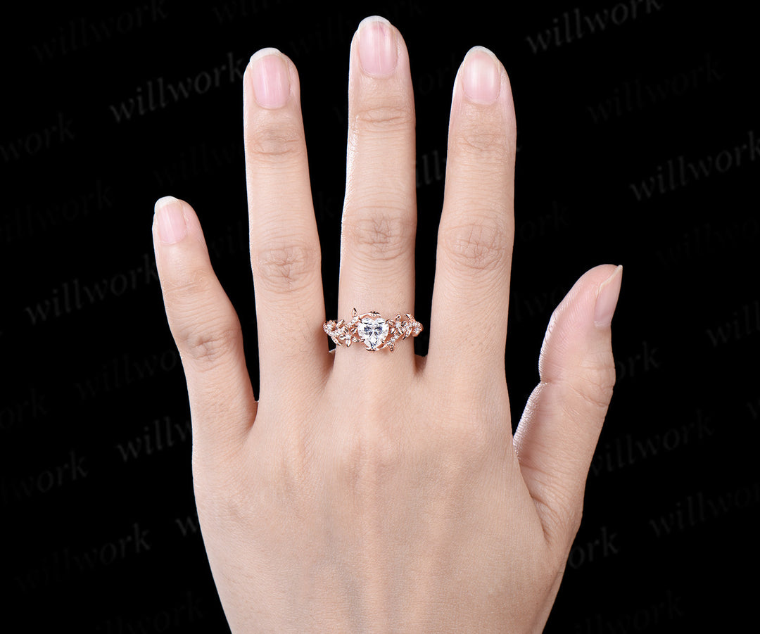 1ct Heart shaped moissanite ring vintage rose gold floral leaf engagement ring half eternity vine diamond promise wedding ring women