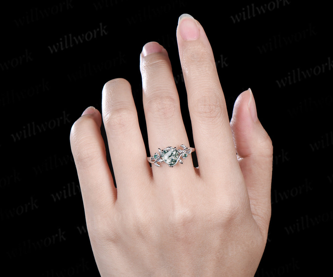 Heart cut green moss agate engagement ring women leaf floral emerald 14k white gold nature inspired promise wedding ring women gift