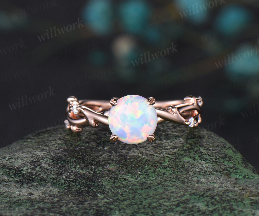 Round white opal ring vintage leaf nature inspired four prong opal engagement ring art deco twisted branch wedding band ring set for women