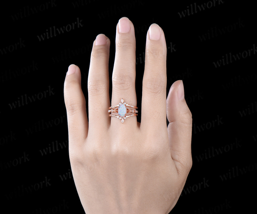 Long hexangon cut white opal engagement ring set rose gold vintage unique moissanite wedding band enhancer bridal set women