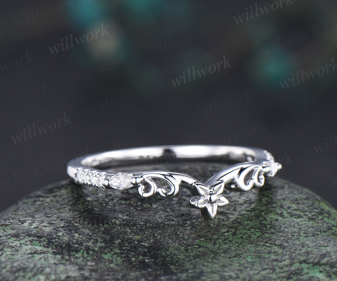 Vintage floral moissanite wedding dand curved filigree full eternity band solid 10k/14k/18k matching band stackable bridal ring