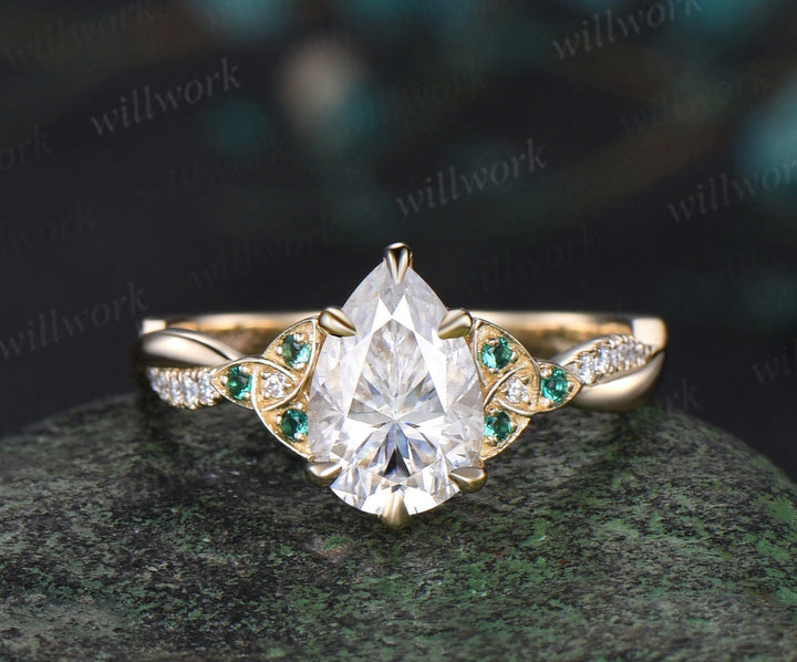 Vintage pear moissanite engagement ring solid 14k yellow gold Celtic knot emerald diamond promise wedding ring women jewelry