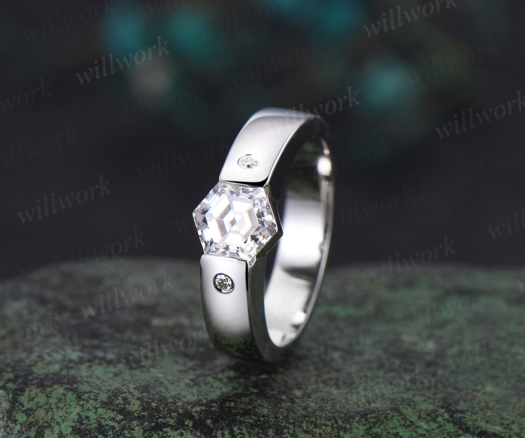 Hexagon cut moissanite wedding band men three stone diamond mens wedding ring band unique engagement anniversary gift