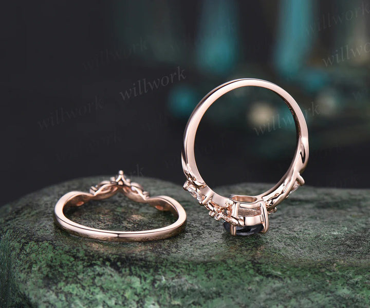 Pear cut salt and pepper diamond engagement Ring Set vintage Nature Inspired Branch rose gold Twist Leaf diamond promise Bridal ring Set women