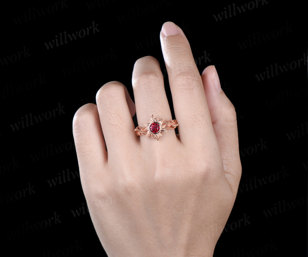 Rapunzel Ring Sun red ruby Engagement Ring Tangled Sunflower Ring bezel 14k rose Gold Wedding Ring Birthday Gift For Her