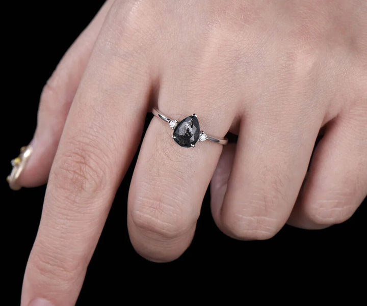 Unique Pear Salt and Pepper Diamond Engagement Ring Three Stone Diamond Accented Promise Ring for Her