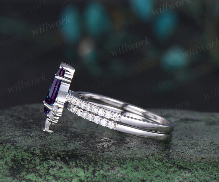 Kite cut alexandrite engagement ring white gold half eternity diamond wedding bridal ring set women jewelry