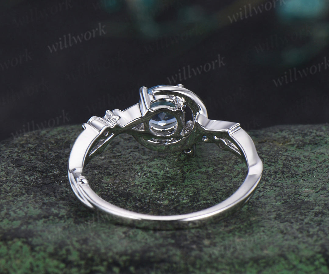 Round cut aquamarine engagement ring white gold moon vine twisted cluster diamond blue topaz wedding ring women