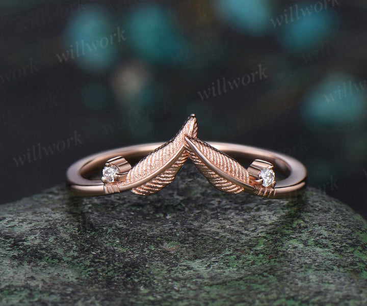 Curved leaf diamond wedding band solid 14k rose gold two stone nature inspired matching stacking bridal wedding ring women