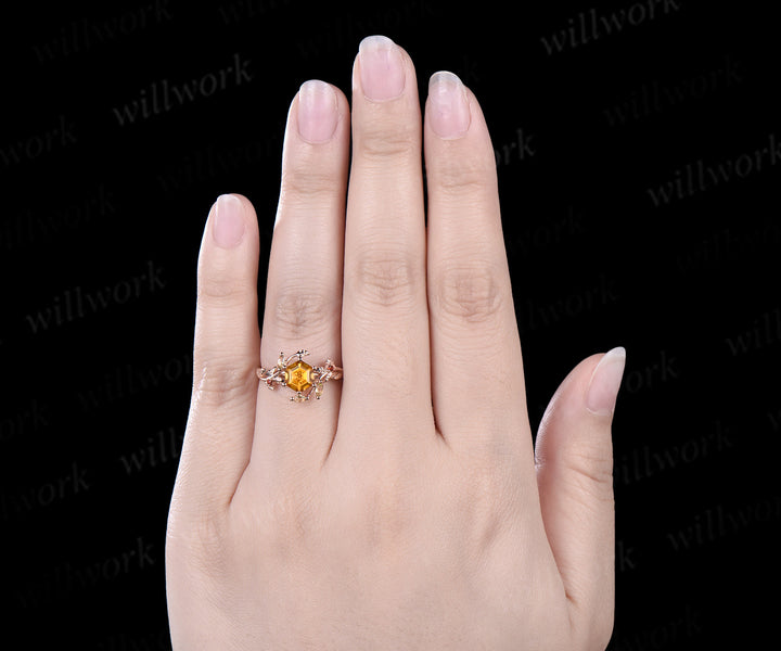Hexagon cut yellow citrine engagement ring rose gold leaf 6 prong peridot garnet bridal anniversary ring women