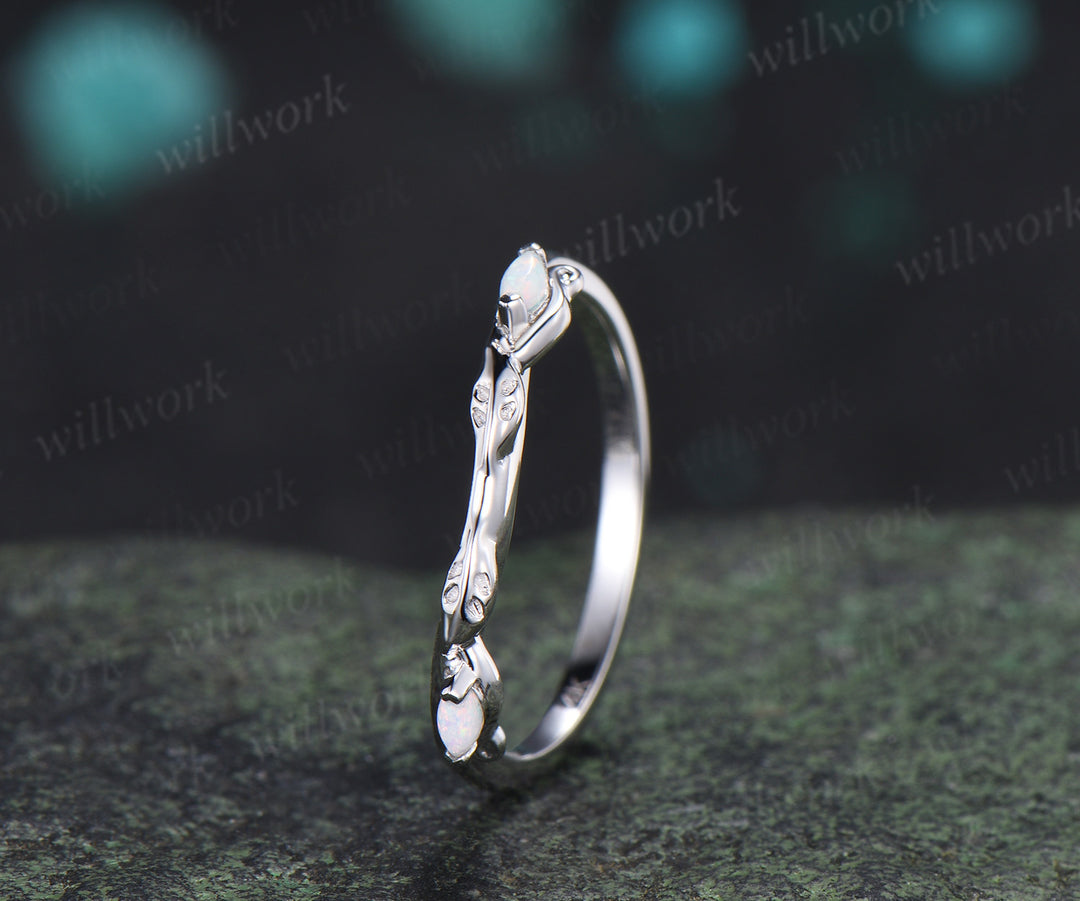 Marquise opal wedding band leaf inspired white fire opal curved stacking ring gifts for her