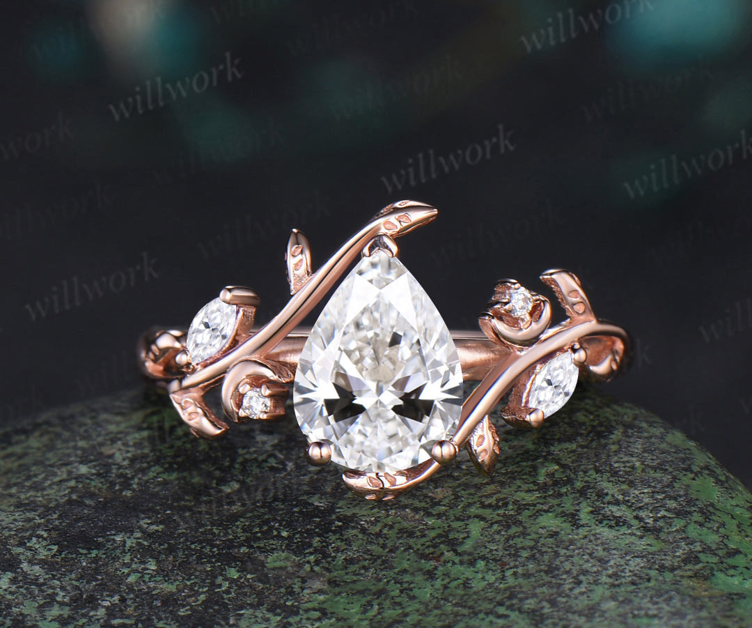 Pear Lab Grown Diamond Engagement Ring Nature Inspired Leaf Moon Wedding Bridal Ring Set