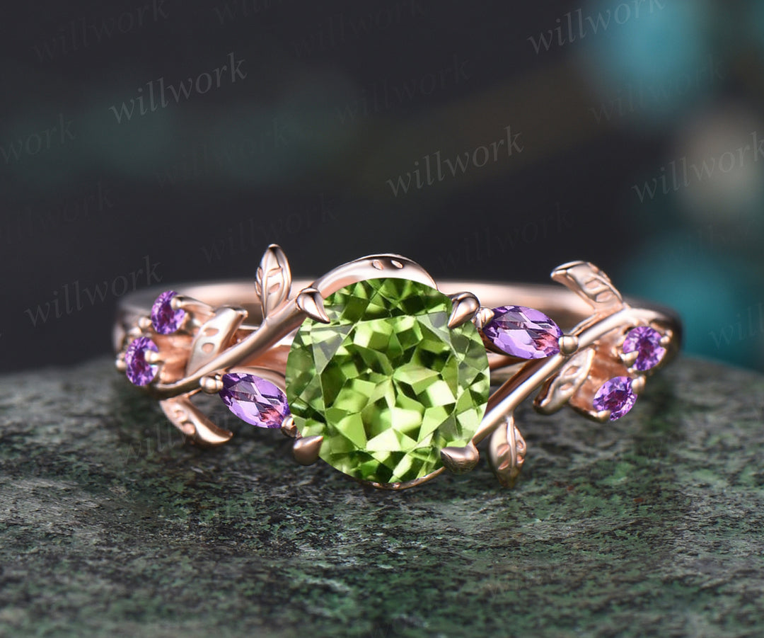 Unique Round Cut August Birthstone Natural Peridot Engagement Ring Art Deco Amethyst Leaf Vine Twig Branch Nature Inspired Ring 14k Rose Gold Bridal Ring For Women