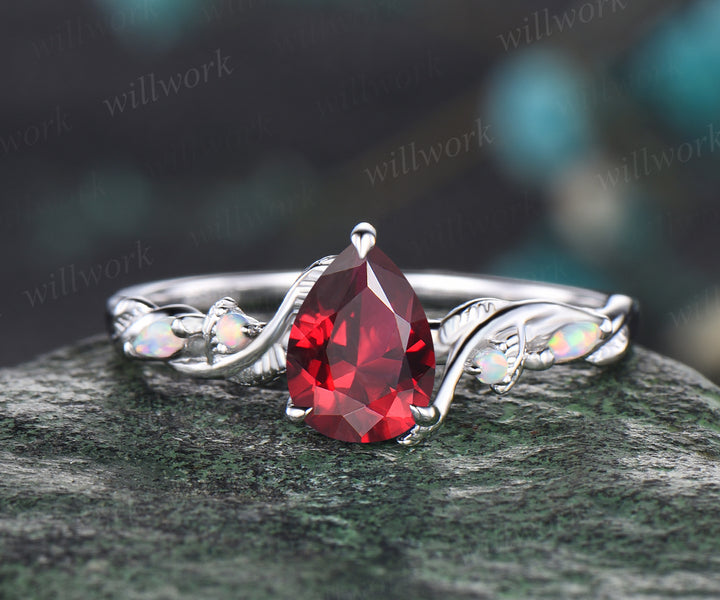Teardrop Ruby Engagement Ring Set Unique Leaf Floral Vine Twig Branch Five Stone Opal Wedding Ring 14k White Gold July Birthstone Pear Ruby Nature Inspired 2pcs Bridal Ring Set