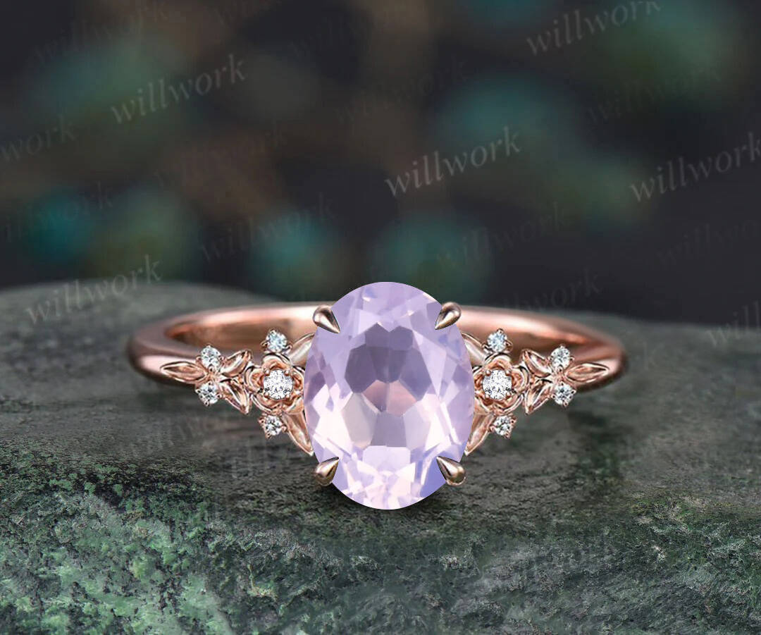 Vintage oval Lavender Amethyst engagement ring set 14k rose gold leaf floral nature inspired diamond ring unique promise wedding ring women