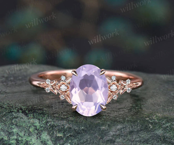 Vintage oval Lavender Amethyst engagement ring set 14k rose gold leaf floral nature inspired diamond ring unique promise wedding ring women