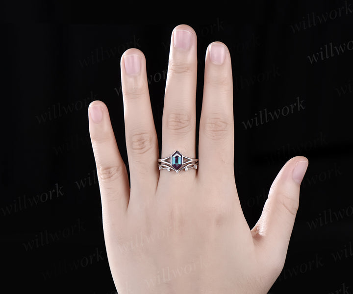 Long hexagon cut alexandrite Engagement Ring Set Solitaire split shank white gold ring vintage infinity wedding Anniversary gift