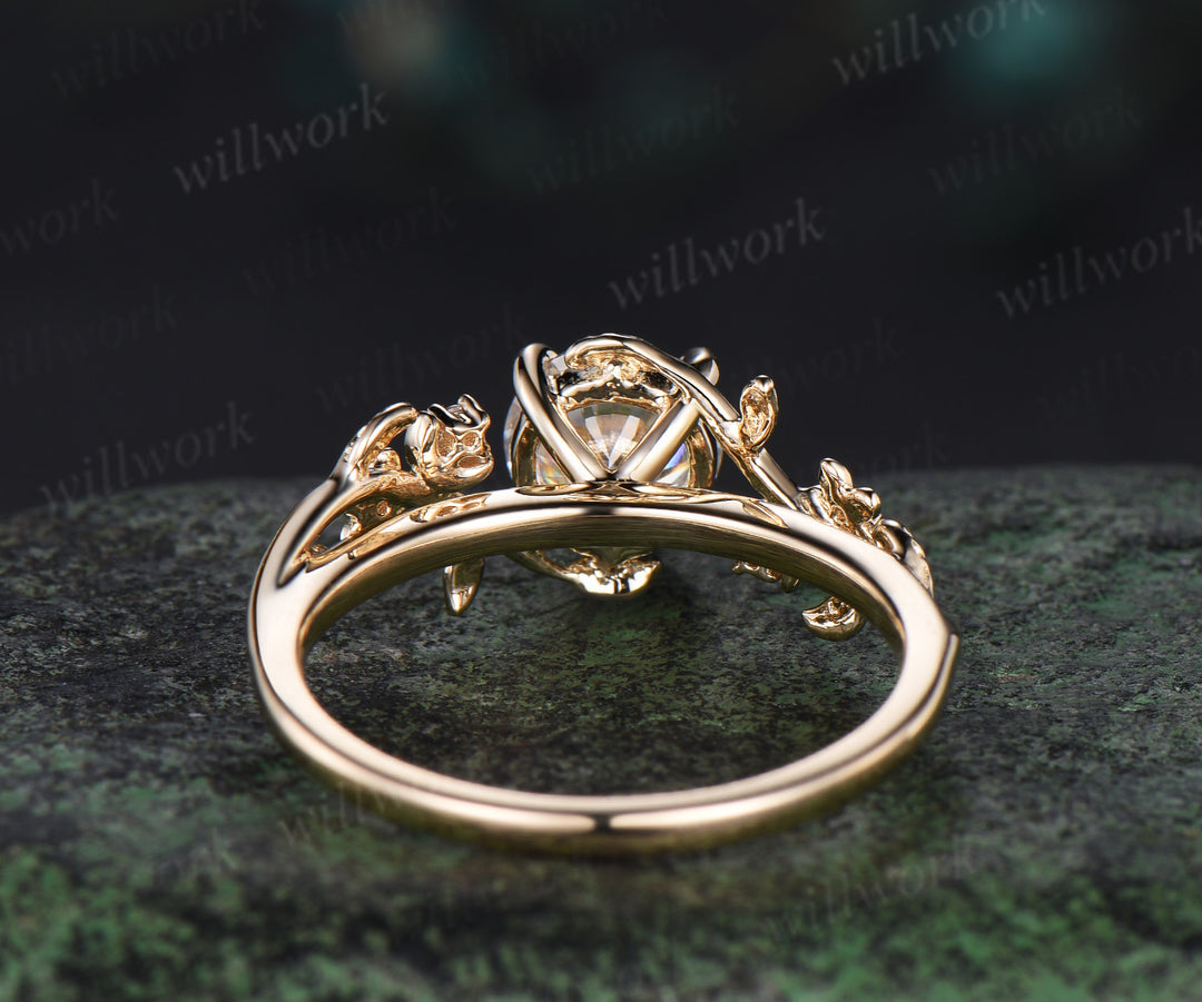 1ct Round cut Lab grown diamond engagement ring 14k yellow gold moon floral five stone ring vintage leaf branch promise ring women