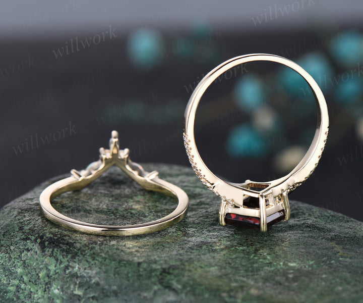 3pcs princess cut garnet engagement ring set 14k yellow gold vintage diamond ring curved opal stack wedding band gifts for women