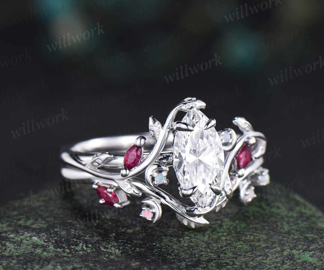 Marquise lab grown diamond ring set leaf moon twig ring ruby opal accents nature inspired bridal set