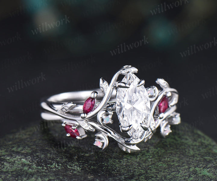 Marquise lab grown diamond ring set leaf moon twig ring ruby opal accents nature inspired bridal set