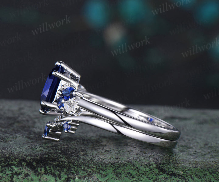 Oval cut blue sapphire engagement ring 6 prong white gold cluster snowdrift bridal anniversary ring set women jewelry