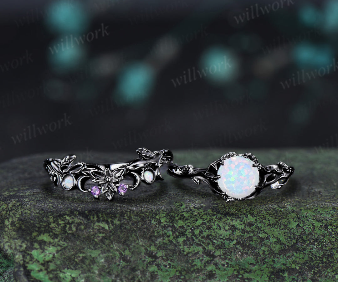 Round White Opal Engagement Ring Black Gold Leaf Branch Bridal Set Nature Inspired Floral Wedding Ring October Birthstone Promise Women Gifts