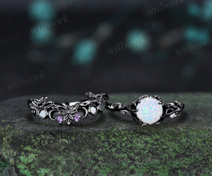 Round White Opal Engagement Ring Black Gold Leaf Branch Bridal Set Nature Inspired Floral Wedding Ring October Birthstone Promise Women Gifts
