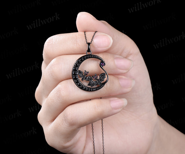 Unique Black Gold Night Moon Bat Gothic Pendant Necklace Magic Crescent Moon Amethyst Black Spinel Necklace Halloween Anniversary gift Women