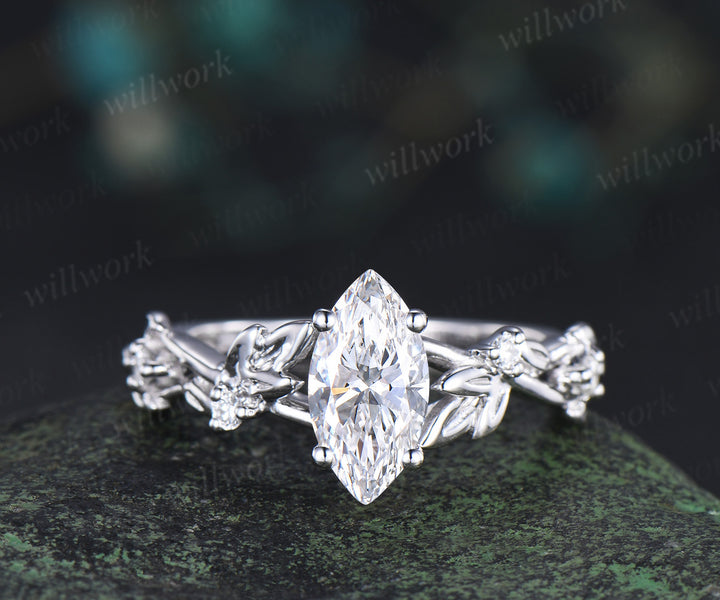 Nature inspired marquise cut lab-grown diamond engagement ring women twig leaf white gold ring branch diamond-accented bridal ring set