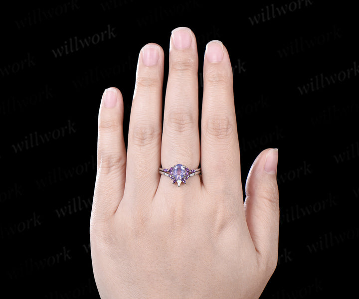 Vintage oval cut Lavender Amethyst engagement ring set white gold opal moissanite ring women stacking Crystal anniversary ring gift