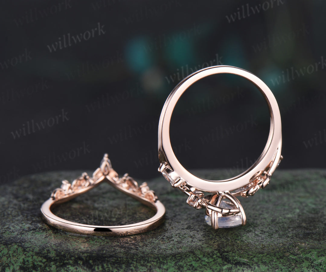 Pear shaped moonstone engagement ring set solid 14k rose gold leaf branch nature inspired promise bridal ring women jewelry