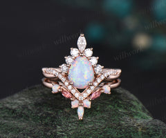Pear shaped white opal engagement ring set halo moissanite Pink tourmaline infinity bridal set women