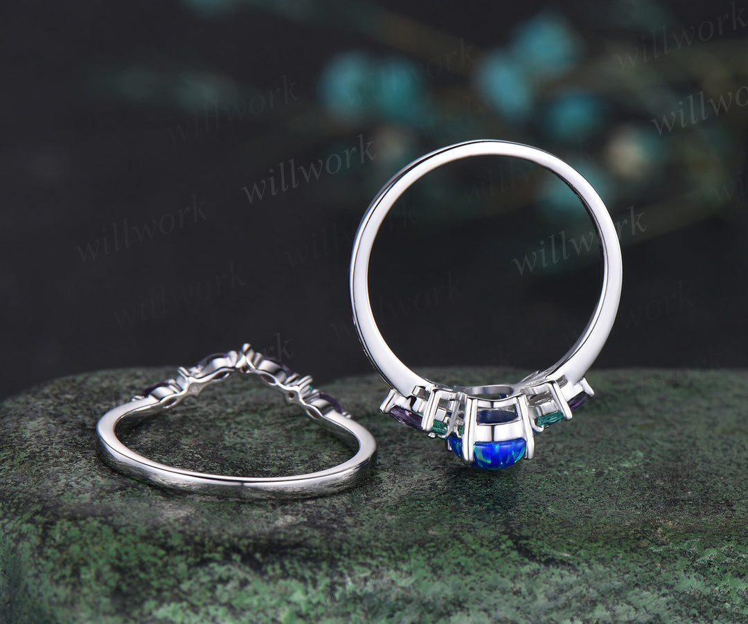 Blue Opal Wedding Ring Set Oval Opal Engagement Ring 14k White Gold Emerald Amethyst Promise Jewelry Anniversary Gift