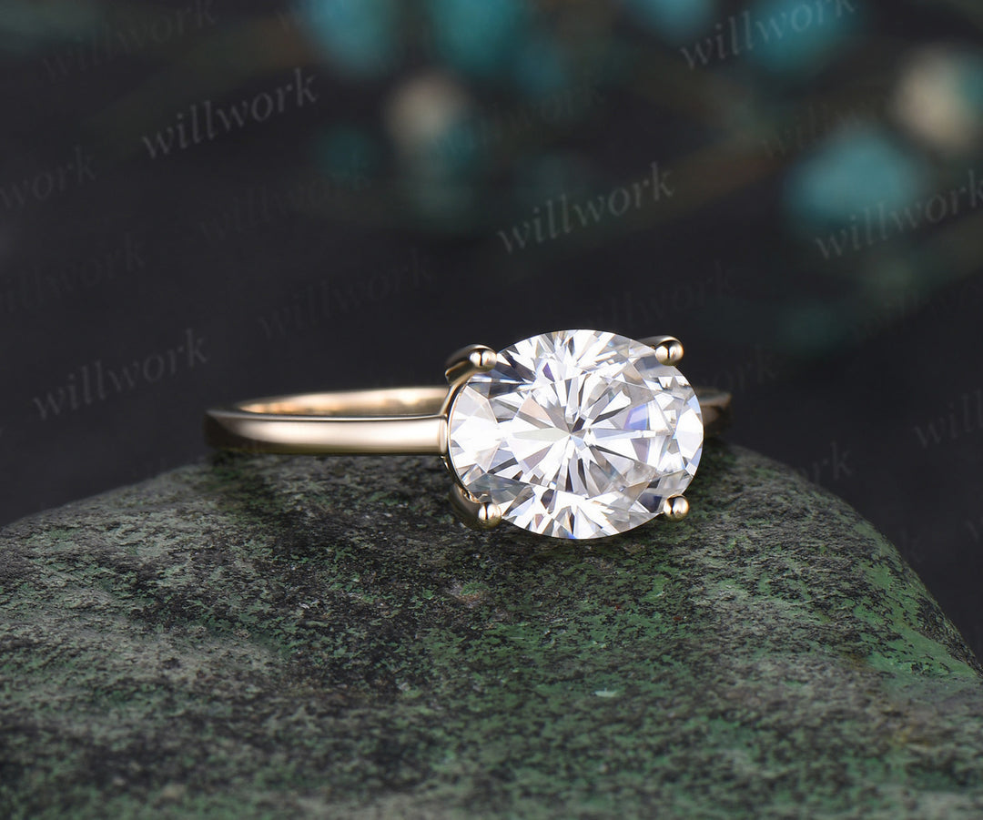 3ct oval cut moissanite engagement ring 14k yellow gold Solitaire East To West unique wedding promise ring women