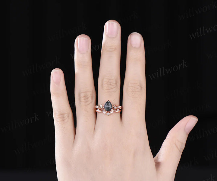 Pear cut salt and pepper diamond engagement Ring Set vintage Nature Inspired Branch rose gold Twist Leaf diamond promise Bridal ring Set women