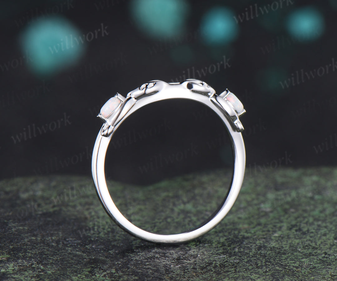 Marquise opal wedding band leaf inspired white fire opal curved stacking ring gifts for her