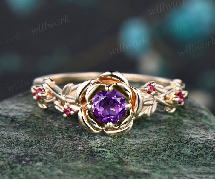 Unique Rose Flower Vine Twig Branch Nature Inspired Ring Amethyst Engagement Ring Ruby Floral Leaf Wedding Band 14k Yellow Gold 2pcs Bridal Ring Set